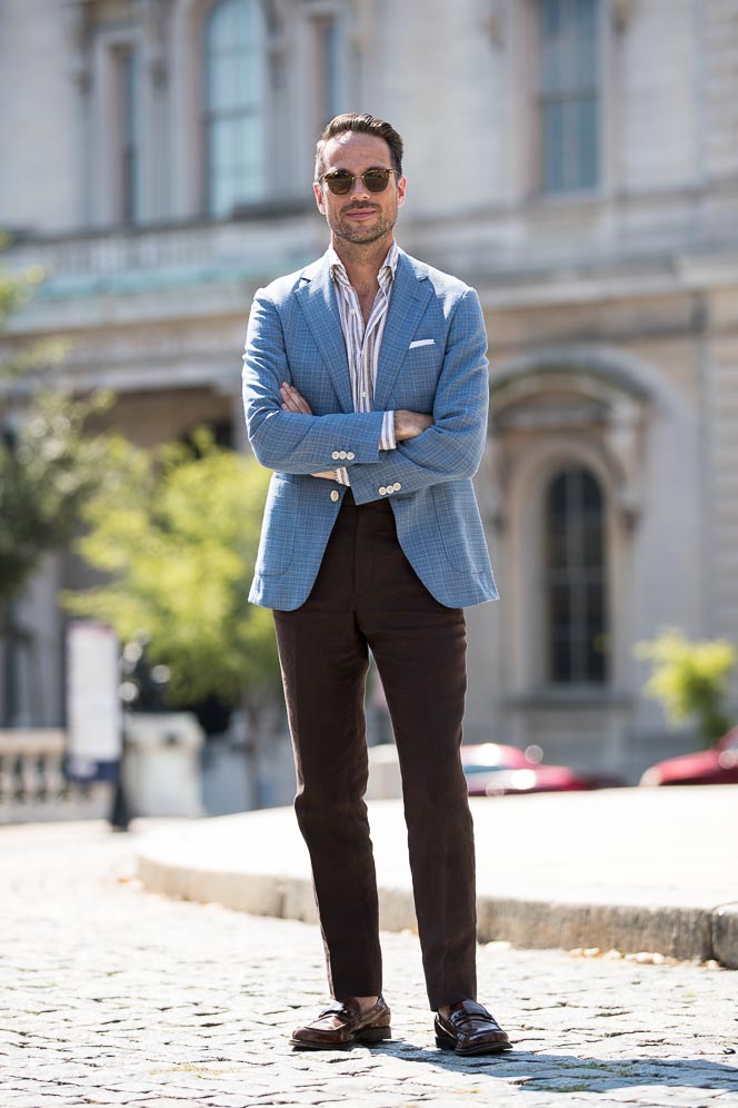 Brian in blue linen sport coat and brown pants